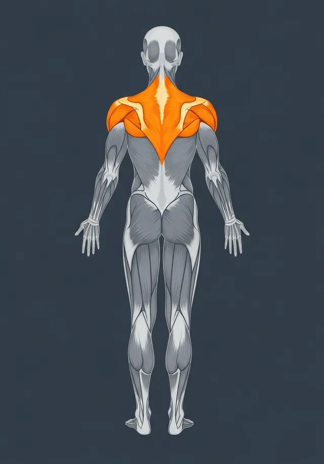 Trapezius highlighted on a body map